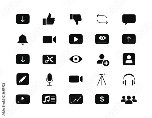 Professional video production and filmmaking equipment vector icon set