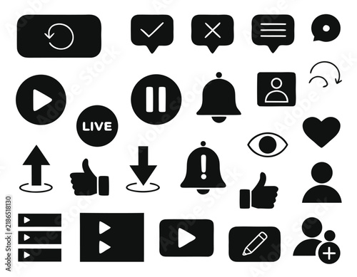 Set of twenty-five social media engagement icons for digital marketing and video content platforms
