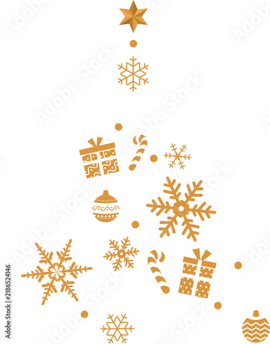 Abstract golden Christmas tree formed with snowflakes, stars, and gifts isolated on transparent background. Great for holiday season greeting cards.