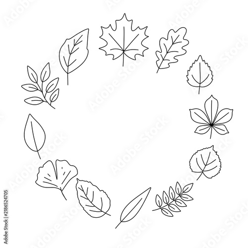 Autumn leaf wreath circle frame line art illustration