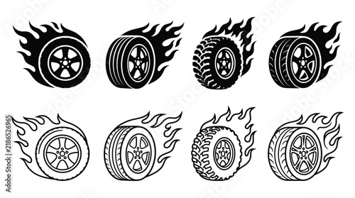 Flaming tire silhouettes with varied tread patterns on a white background