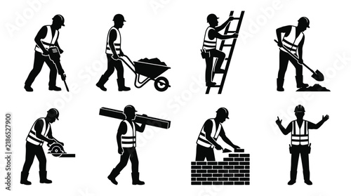 Construction workers silhouettes depict various building trades and labor professions