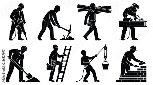 Construction worker silhouettes depict various building trades and manual labor