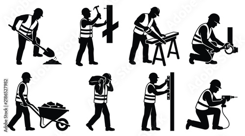 Construction worker silhouettes performing various tasks against a white background