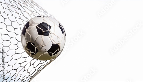 soccer ball in goal net isolated on white or white background