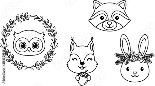 Cute Woodland Animals Line Icon Set with Owl Laurel Wreath, Raccoon Head, Squirrel Holding Acorn, and Festive Flower Crown Bunny Outline Vector Graphics