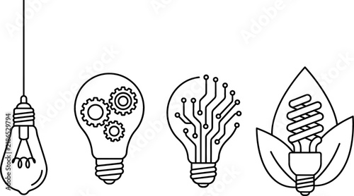 Eco Energy and Technology Lightbulb Line Icon Set Featuring Hanging Bulb, Gears Mechanism, Circuit Board, and Green Leaf CFL Outline Vector Designs