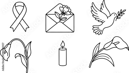 Funeral and Sympathy Line Icon Set Featuring Mourning Ribbon, Condolence Letter, Flying Peace Dove, Lit Candle, and Calla Lily Flower Outline Vector Symbols