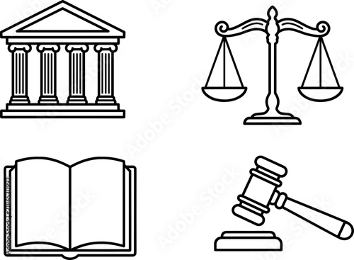 Law and Justice Line Icon Set Featuring Courthouse Pillars Building, Scales of Justice, Open Law Book, and Judge Gavel Outline Vector Designs for Legal Websites