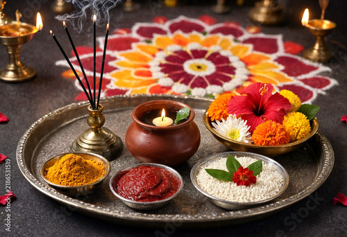 Traditional indian pooja thali with flowers incense lamp turmeric kumkum and rice for religious ritual