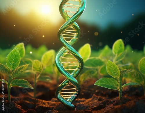 genetically modified soybean plant with a glowing dna double helix structure emerging from a green leaf in a field representing agricultural biotechnology and plant science innovation