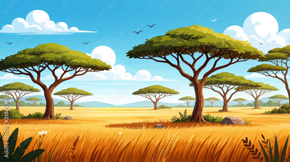 Fototapeta premium Cartoon savanna landscape with acacia trees under blue sky. Flat style illustration of African grassland with dry yellow grass and scattered bushes. Peaceful nature scene, sunny day.