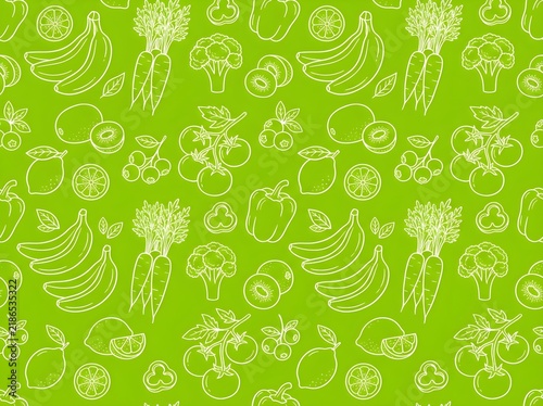 Seamless pattern with handdrawn fruits and vegetables on a green background