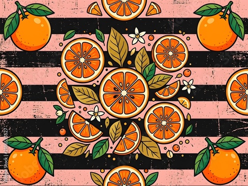Seamless pattern with oranges and leaves on striped background