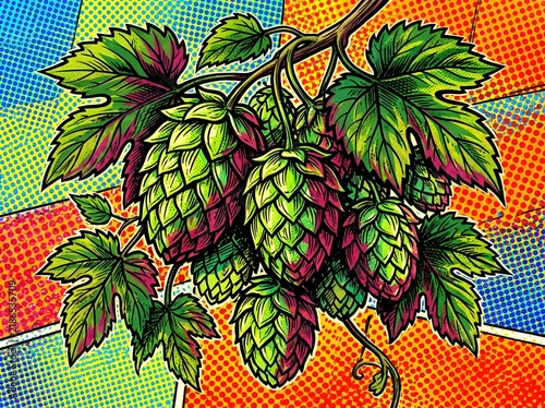 Pop art style illustration of a cluster of fresh green hop cones on a vine