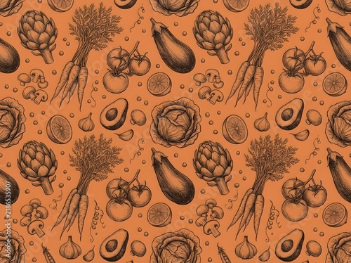 Seamless pattern with hand drawn vegetables on orange background