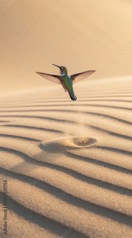 Obraz premium Small hummingbird hovers mid air over rippled sand dunes. Bird wings blur, tiny body iridescent green. Desert landscape bathed in warm golden hour sunlight.