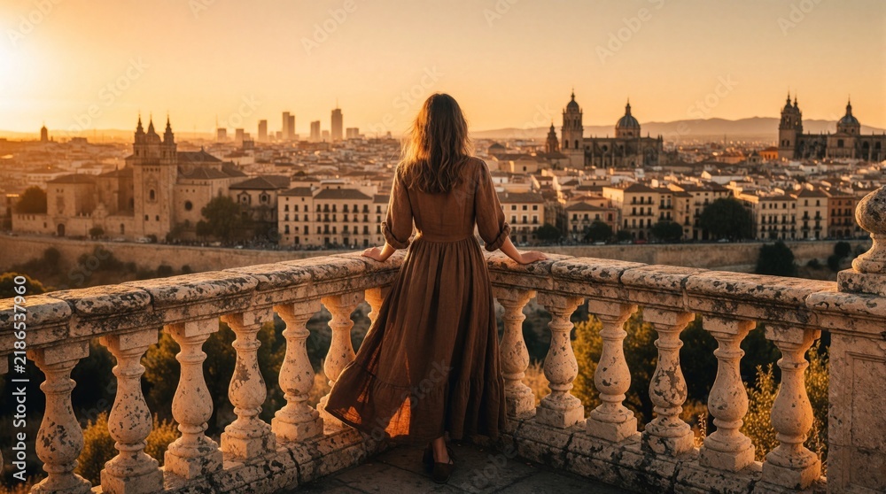 Fototapeta premium Woman in long dress on balcony looks at city skyline at golden hour. Elderly buildings and modern skyscrapers mix in warm sunset light. She views panorama from old stone terrace.