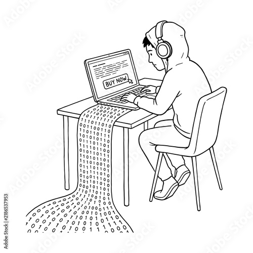 Obraz na plátne Cyber monday programmer working on laptop with stream of binary code