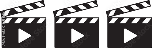 Clapperboard icon set with film, video, and play button symbols for movie, cinema, and multimedia design