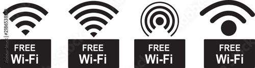 Free Wi-Fi icon set with wireless connection, hotspot, internet access, and network symbols for digital design