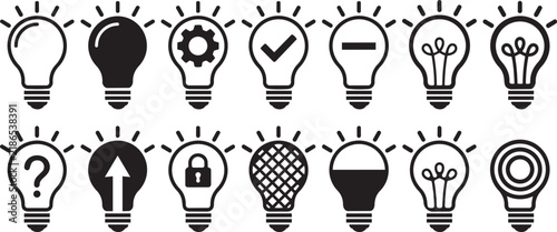 Lightbulb idea icon set with inspiration, creativity, and innovation symbols for brainstorming and business design
