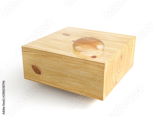 realistic wooden block with a clear water drop on its surface, showing detailed wood grain and natural texture. Clean isolated composition on a white background, 
