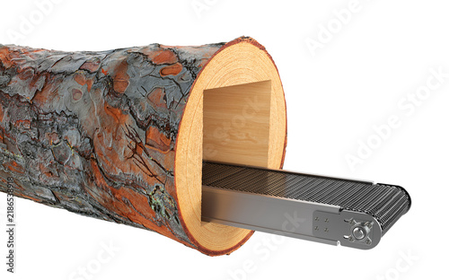 creative 3D illustration of a modern industrial conveyor belt passing through a hollow wooden log. The concept combines natural wood texture with industrial machinery, 