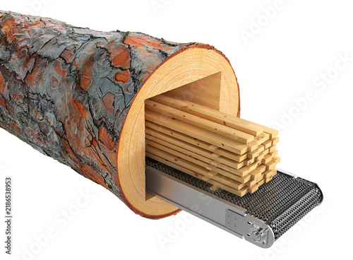 3D illustration of stacks of wooden lumber stored inside a large industrial warehouse. Timber boards arranged in rows with a modern blue steel structure in the background.