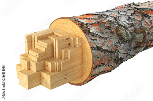 Stacks of wooden lumber boards stored in a large industrial warehouse, creating a realistic perspective view of a timber storage facility. 3D illustration.