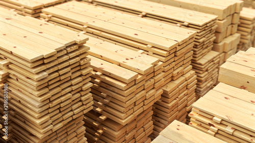 3D illustration of stacked wooden lumber and timber boards in a large warehouse, showing organized wood materials and construction supplies.