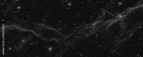 Night sky panorama with sparkling star clusters and flowing nebula haze. Grainy galaxy backdrop in vintage dotted texture for collage, music artwork, or banner. Vector illustration