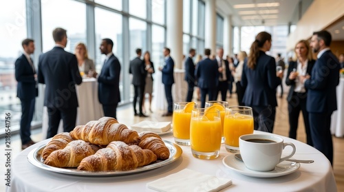 Fresh croissants, coffee, and orange juice served at a business conference coffee break.