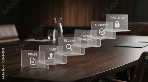 Glass stairs showing document approval workflow on conference table inside modern office