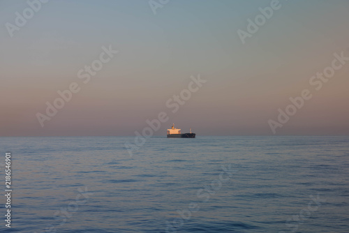 Quadro su tela Cargo ship on a calm sea at dawn, illuminated by soft early morning light beneat