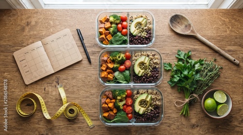 Healthy meal prep containers with avocado and sweet potato. Nutritious food planning with notebook and measuring tape. Diet tracking and weight loss concept.