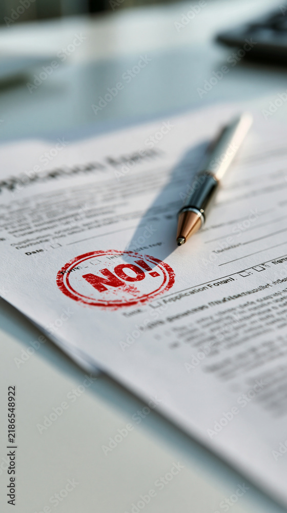 Fototapeta premium Close up of a printed application form on a bright white desk stamped with a red denial notice pen alongside top down framing crisp daylight sharp paper texture denial stamp