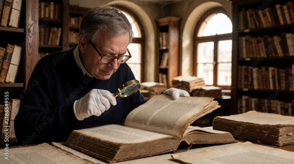 Fototapeta premium Man with glasses and white gloves examines antique book using magnifying glass. Shelves packed with old books fill library archive room. Researching history, uncovering old texts.