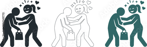 Icon set of happy woman hugging man receiving surprise gift bag
