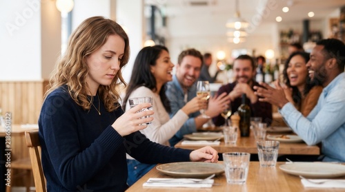 Young woman sitting apart at restaurant table while group of friends laugh behind her in bright light loneliness and social isolation concept