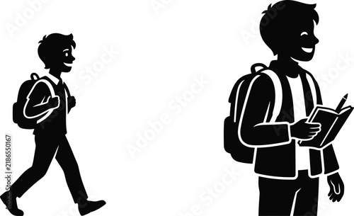 Black silhouette of male students with backpacks and book