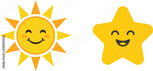 Cute cartoon sun and star character icons with happy smiling faces
