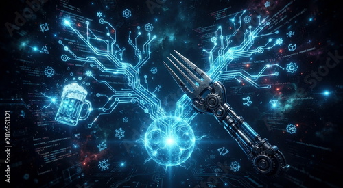 Naklejka Open source code fork split from a glowing kernel core with plugins, source fragments, and a beer mug motif