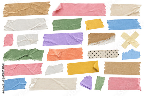Fotografie Collection of colorful torn adhesive tape strips, set of various masking tape pi