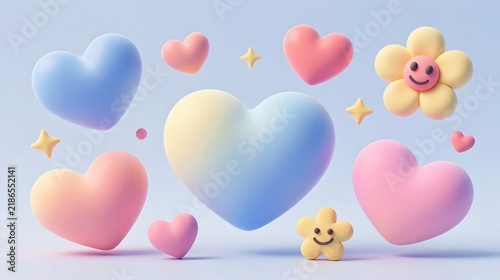 cute pastel colored characters with hearts and flowers background 