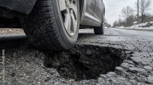 A car tire driving dangerously close to a large pothole on a cracked asphalt road during daylight. Ideal concept for municipal infrastructure repairs and road safety campaigns.