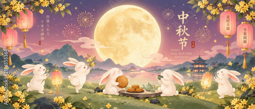 Mid Autumn Festival vector background wallpaper with five jade rabbits, mooncakes, teapot, glowing moon, osmanthus branches, hanging lanterns and fireworks in pastel night sky