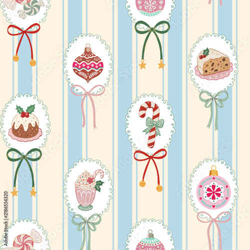 Seamless vector Christmas pattern with ornaments, candy cane, pudding, fruitcake, festive drinks and bows on blue striped background. Vintage holiday design for wrapping paper, fabric and textile