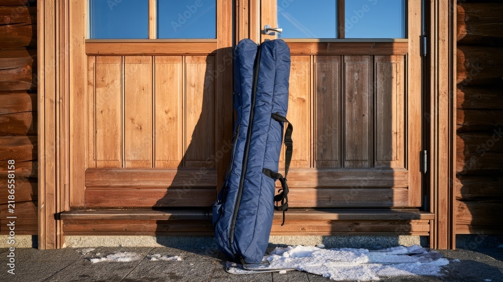 Fototapeta premium Long zippered ski bag ready for departure in blue morning light