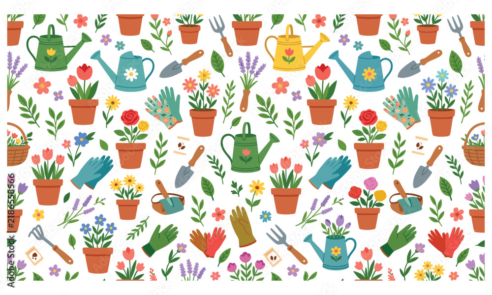Obraz premium Gardening seamless pattern, garden tools background, potted flowers, watering can, trowel, gloves, plants, floral wallpaper, spring illustration, botany art, nature background